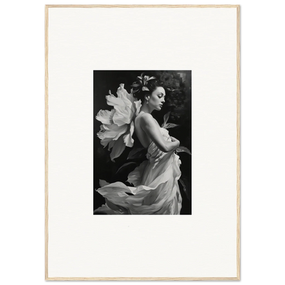 Black and white canvas print of a woman in flowing fabric with a large flower, duet chrysalis