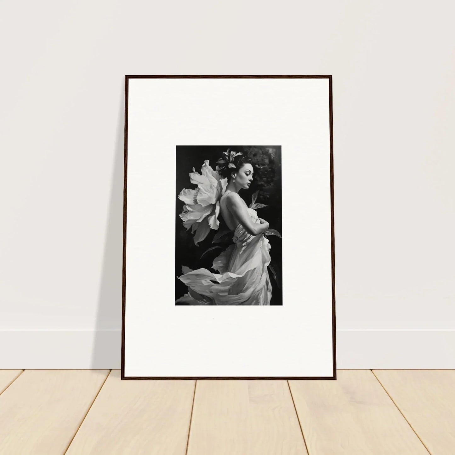 Framed black and white canvas print of a woman in flowing dress, ideal for room decoration