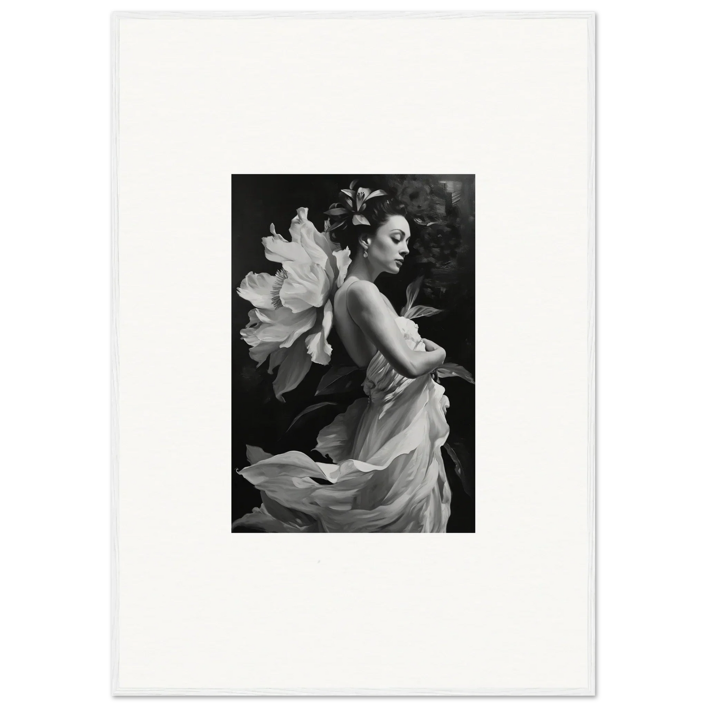 Black and white canvas print of a woman in flowing fabric with flower petals for room decoration