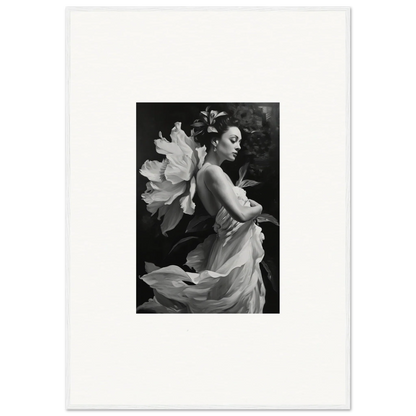 Black and white canvas print of a woman in flowing fabric with flower petals for room decoration