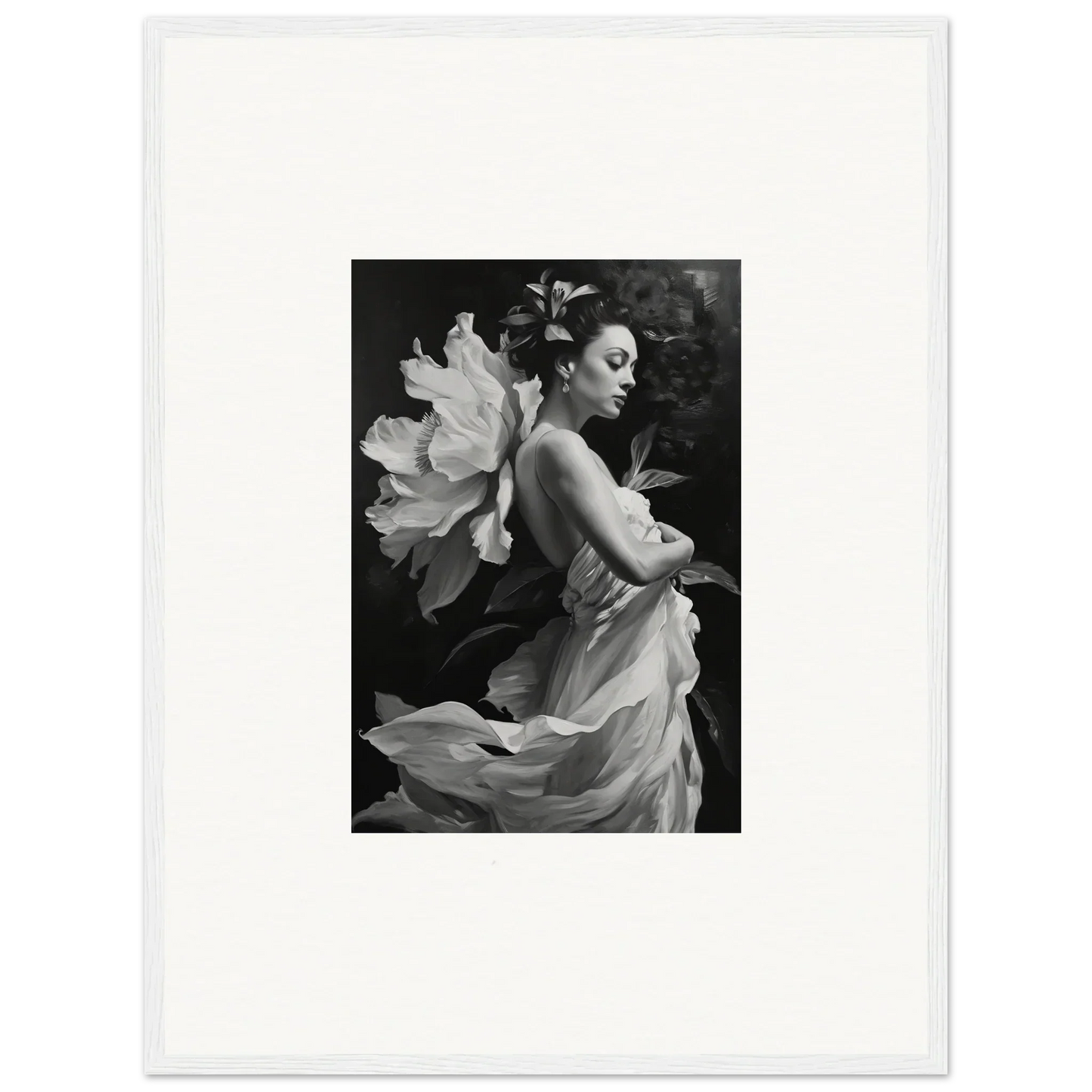 Black and white photo of a woman in a flowing dress with a flower, perfect for Duet Chrysalis decor