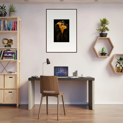 Modern home office with desk and chair, featuring stylish Morose Bloom Couple canvas print