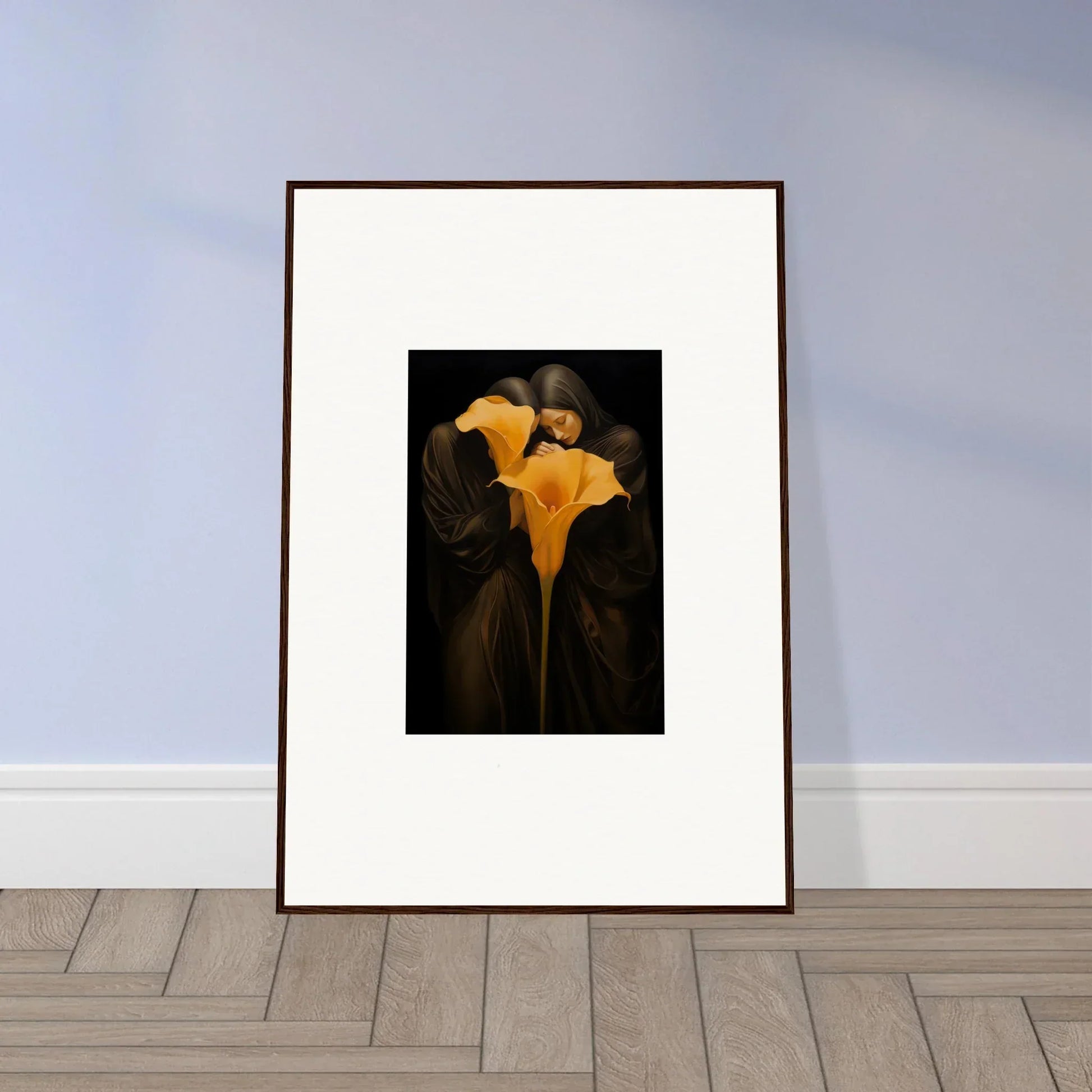 Vibrant yellow calla lily framed print for stylish room decoration, perfect bloom couple art