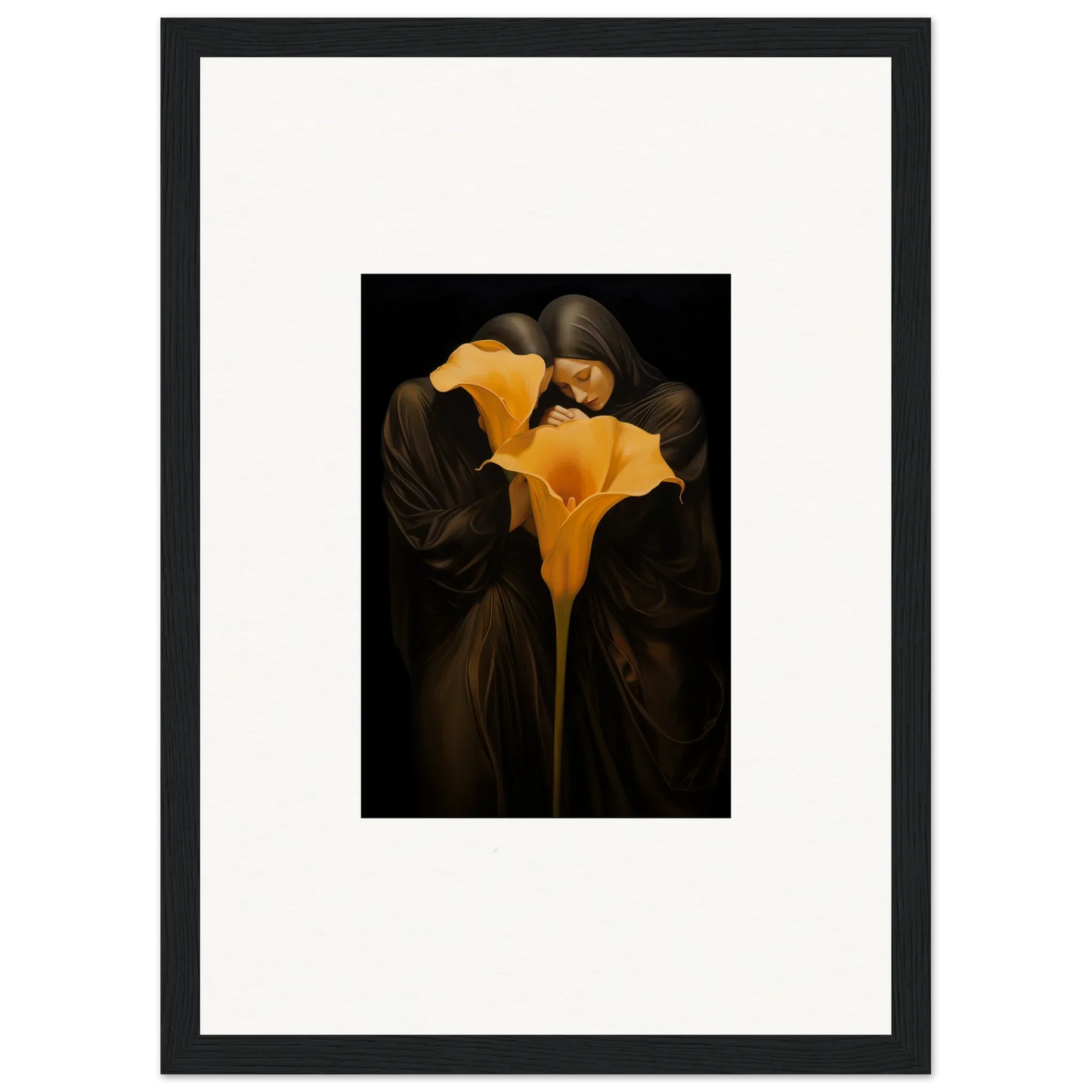 Two bright yellow calla lilies on a dark background, perfect for room decoration as part of the Bloom Couple canvas print