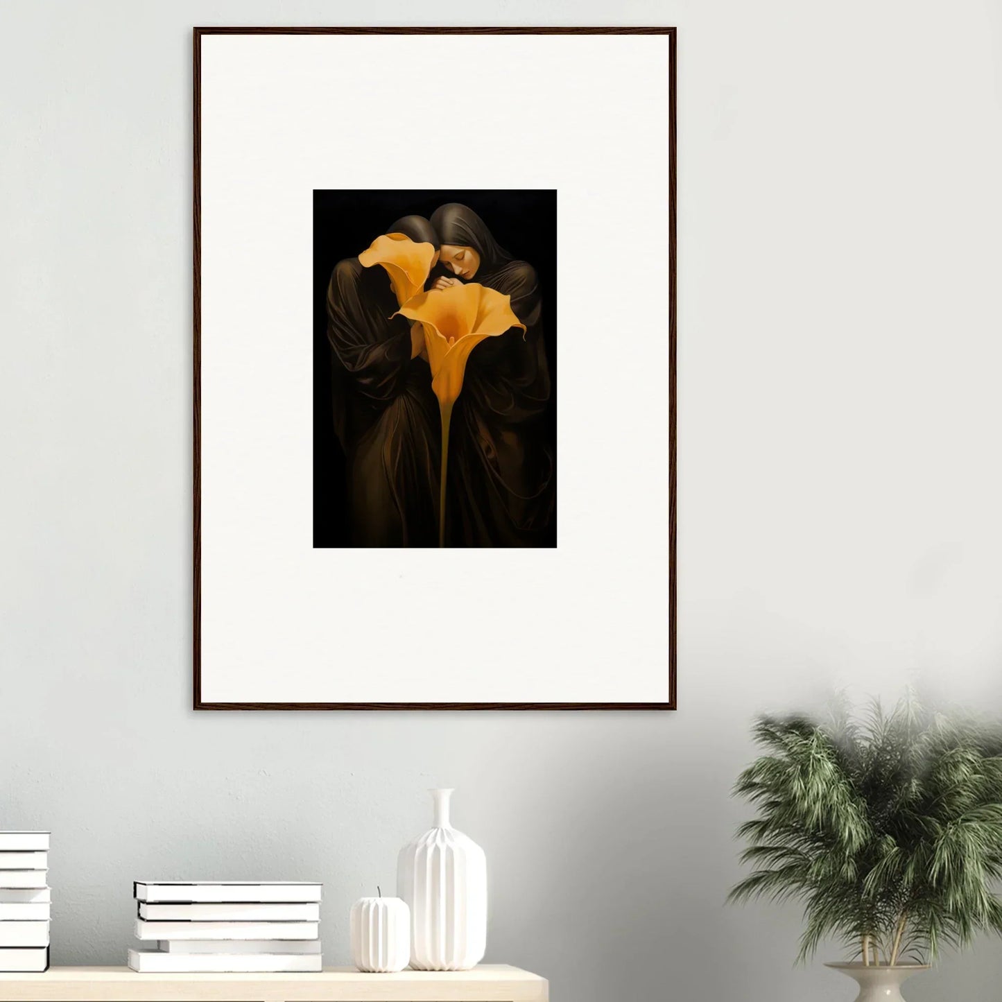 Framed canvas print of a golden calla lily, perfect for a bloom couple’s room decoration