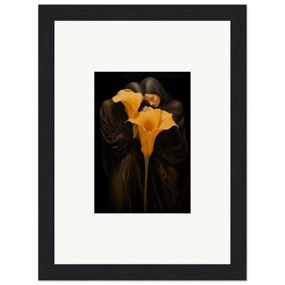 Bright yellow calla lily flower on dark backdrop for a stunning bloom couple canvas print