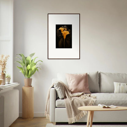 Framed canvas print of golden calla lilies for a stylish bloom couple room decoration