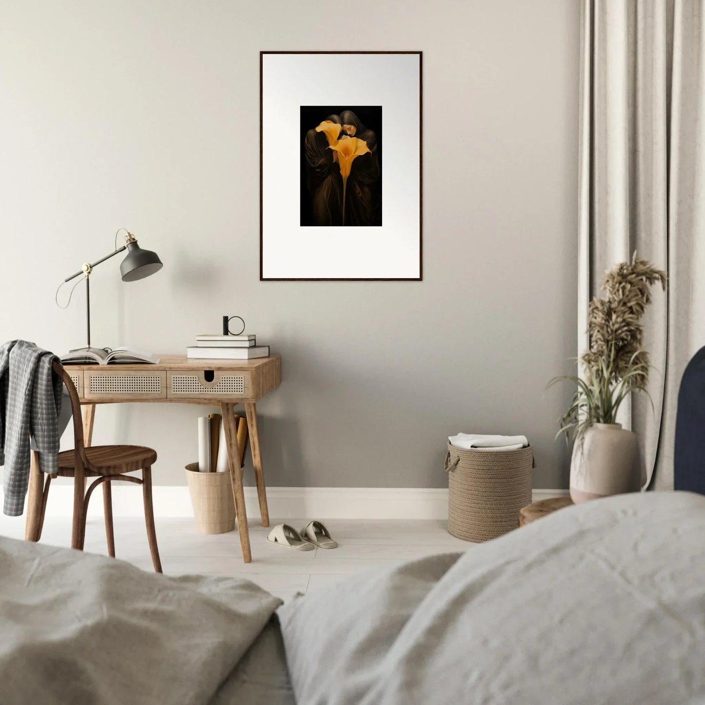 Framed canvas print of yellow calla lilies for a stunning bloom couple room decoration