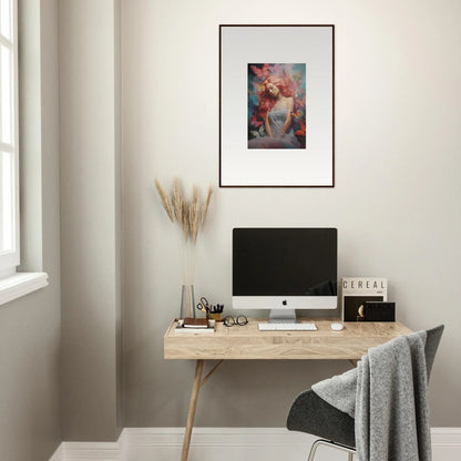 Minimalist wooden desk with computer monitor and framed wall art for dream stream room decor