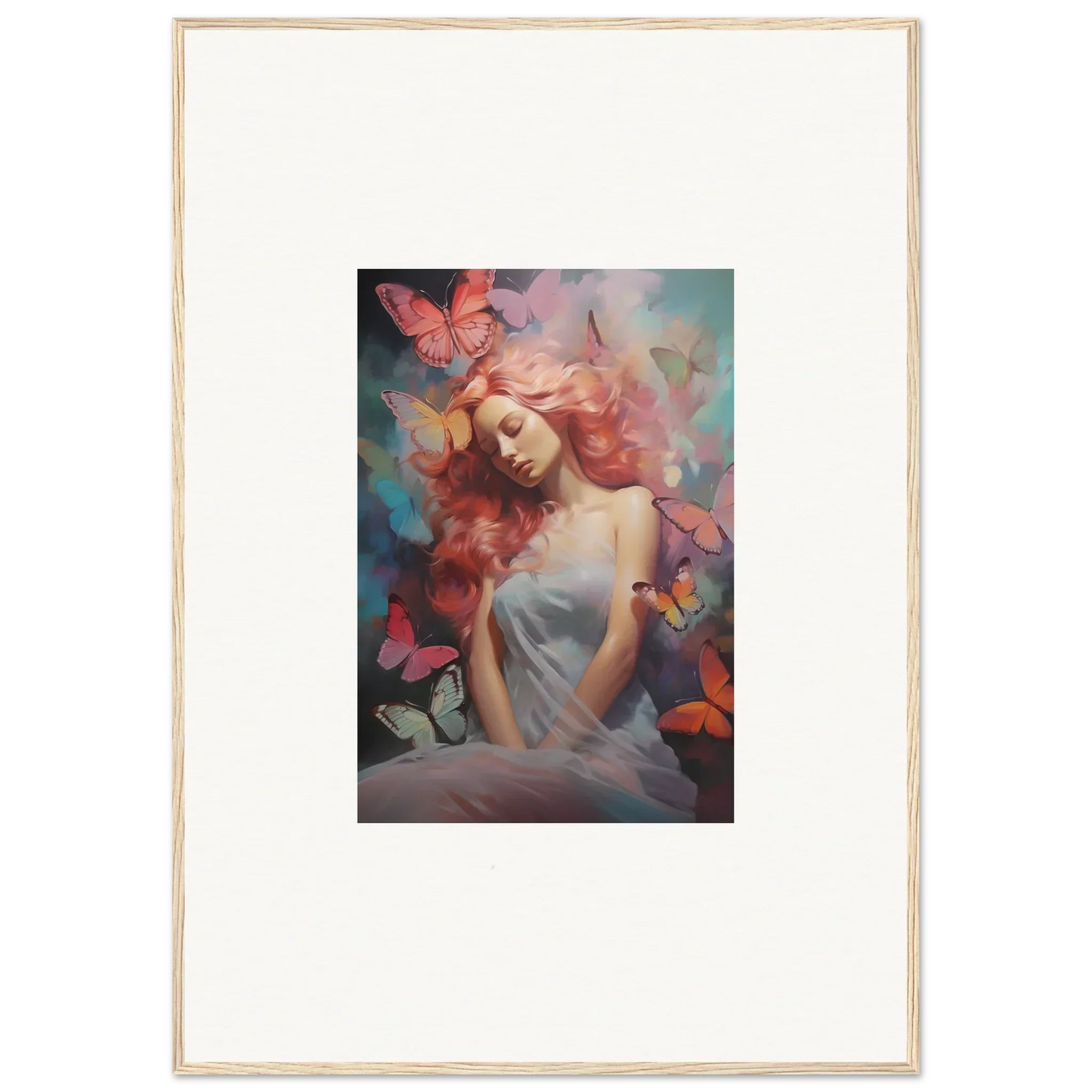 Framed wall art of a woman in a dream stream with colorful butterflies for room decor