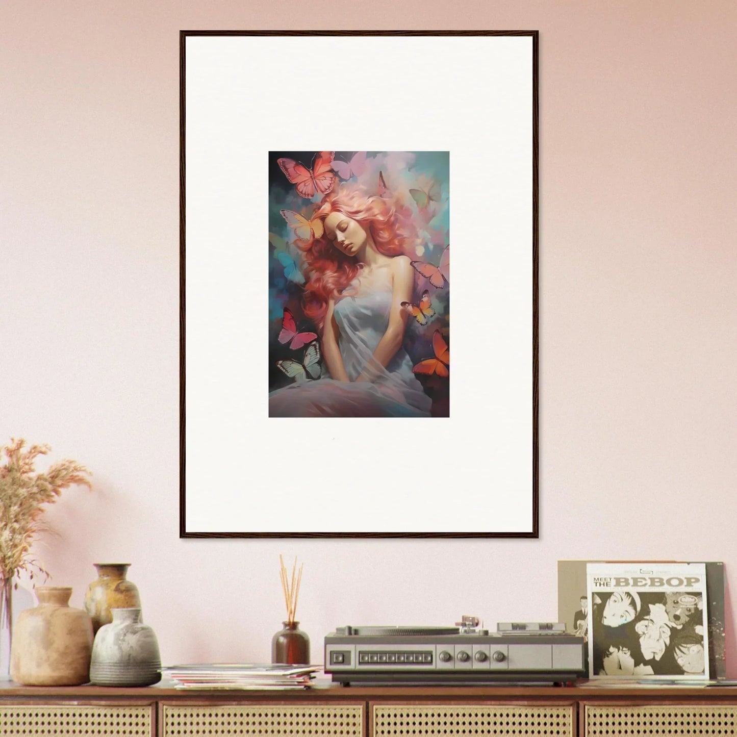 Framed wall art of a woman in colorful swirls for dreamy room decor, Butterfly Dream Stream