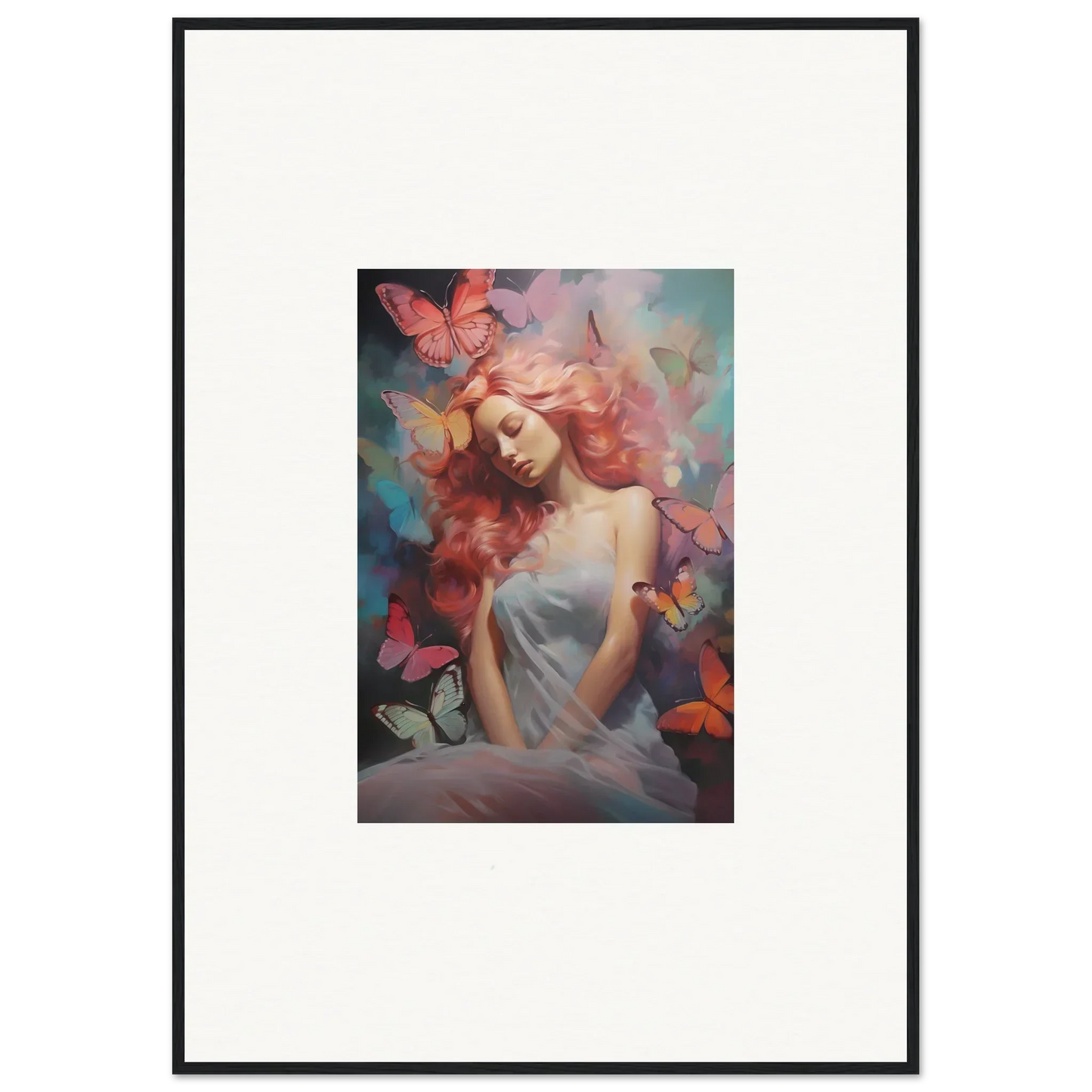 Framed wall art of a dreamy woman with butterflies for unique room decor