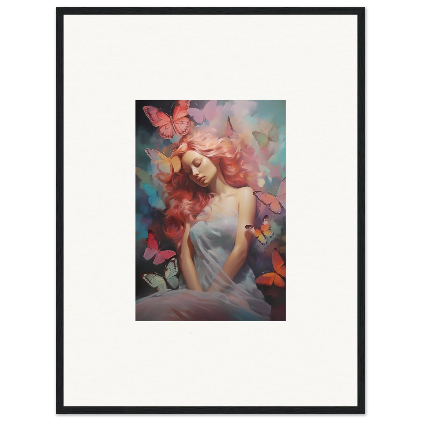 Framed wall art of a woman with red hair and colorful butterflies for dream stream room decor