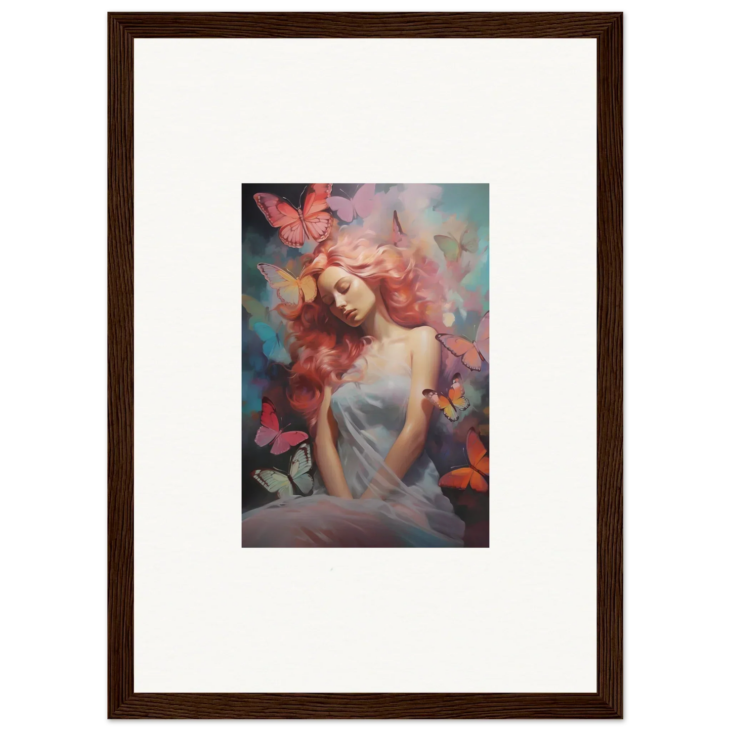 Framed wall art of a woman with flowing hair in a Butterfly Dream Stream for room decor