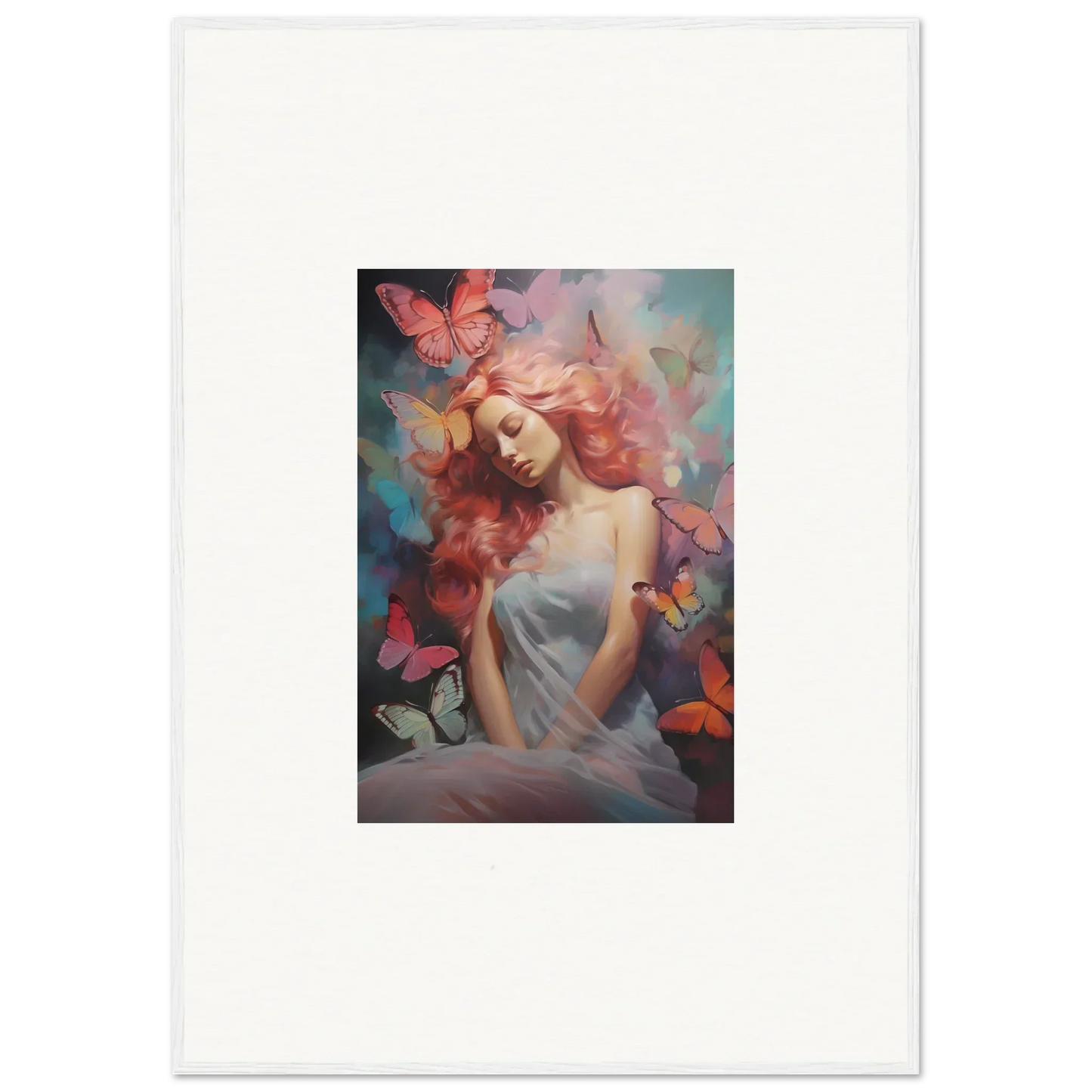 Painting of a woman with colorful butterflies for Dream Stream room decor