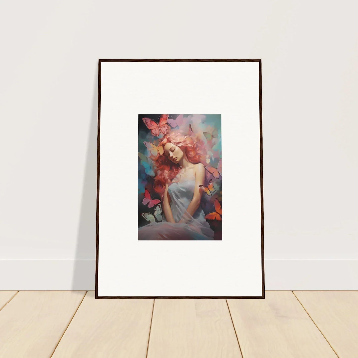 Framed wall art of a woman in a dream stream with vibrant colors and flowers for room decor