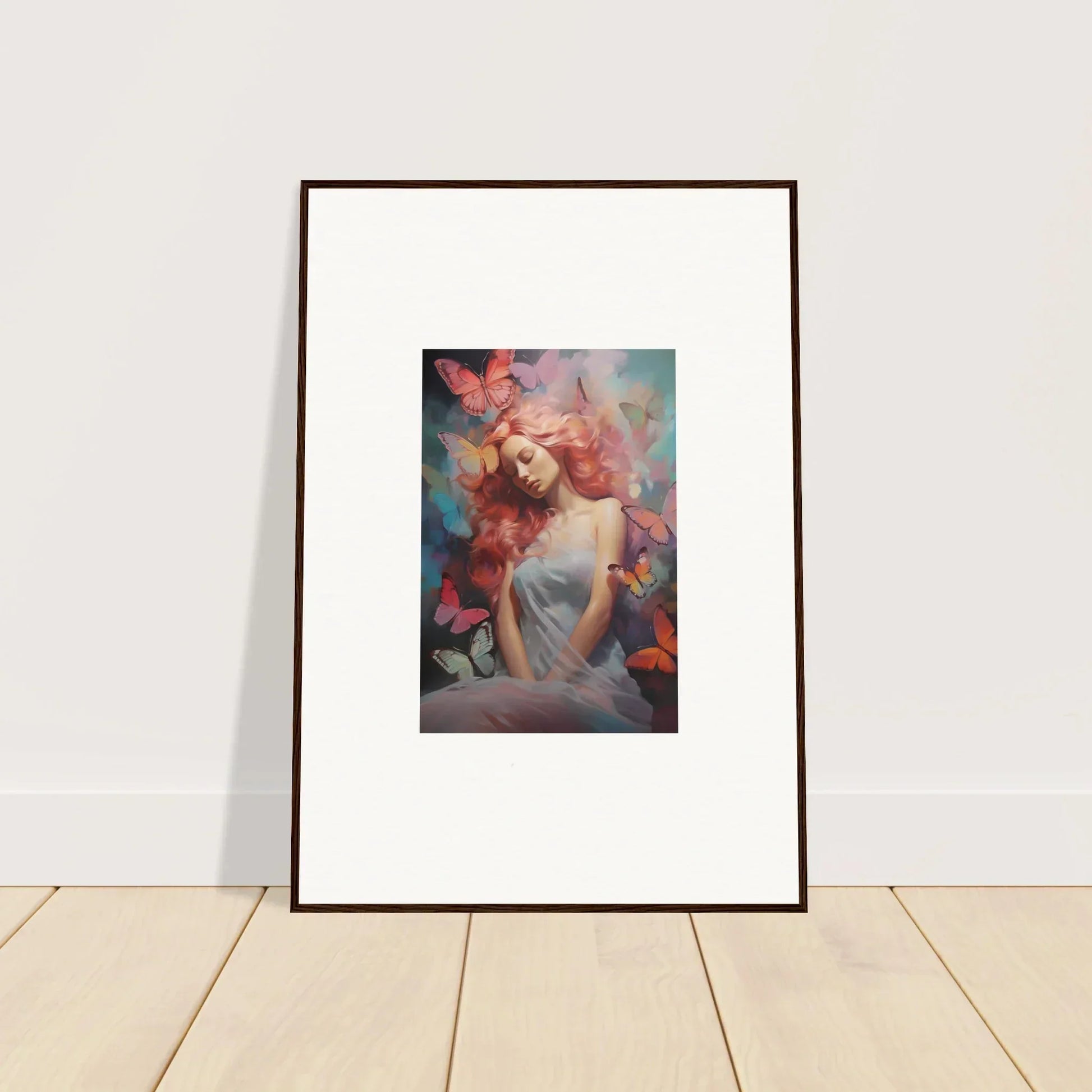 Framed wall art of a woman in a dream stream with vibrant colors and flowers for room decor