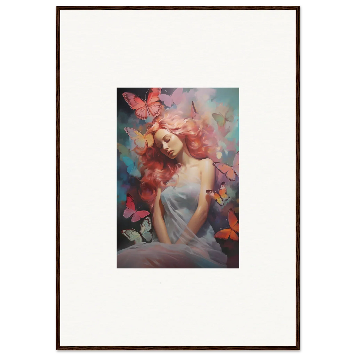 Framed wall art of a woman in a dream stream, surrounded by colorful butterflies