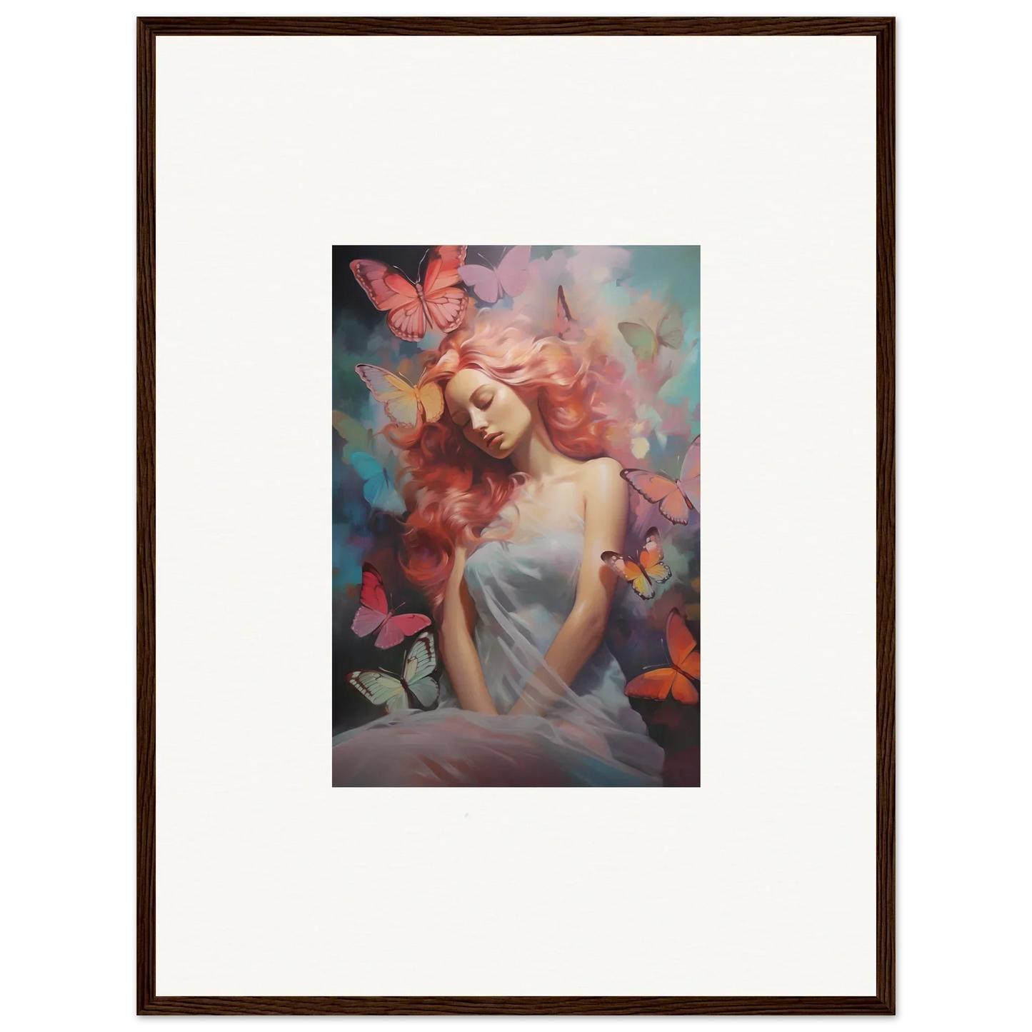 Framed wall art of a woman with red hair in a colorful dream stream of butterflies