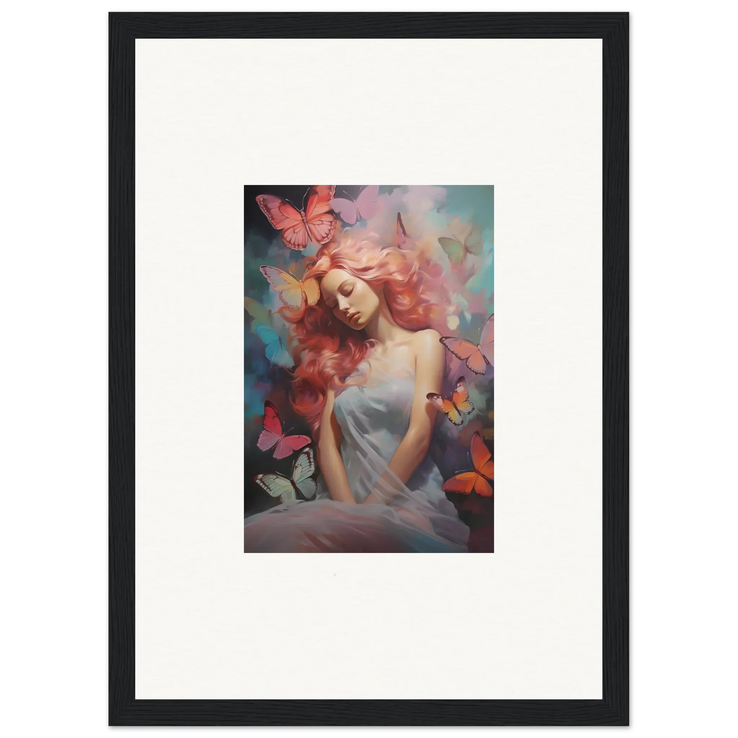 Framed wall art of a woman with butterflies, enhancing dream stream room decor