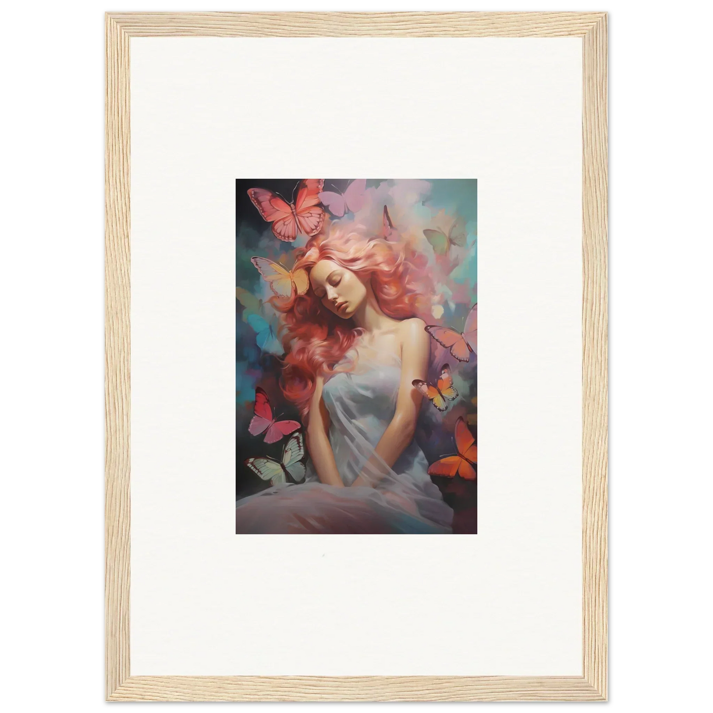 Framed wall art of a woman and butterflies in a dream stream for vibrant room decor