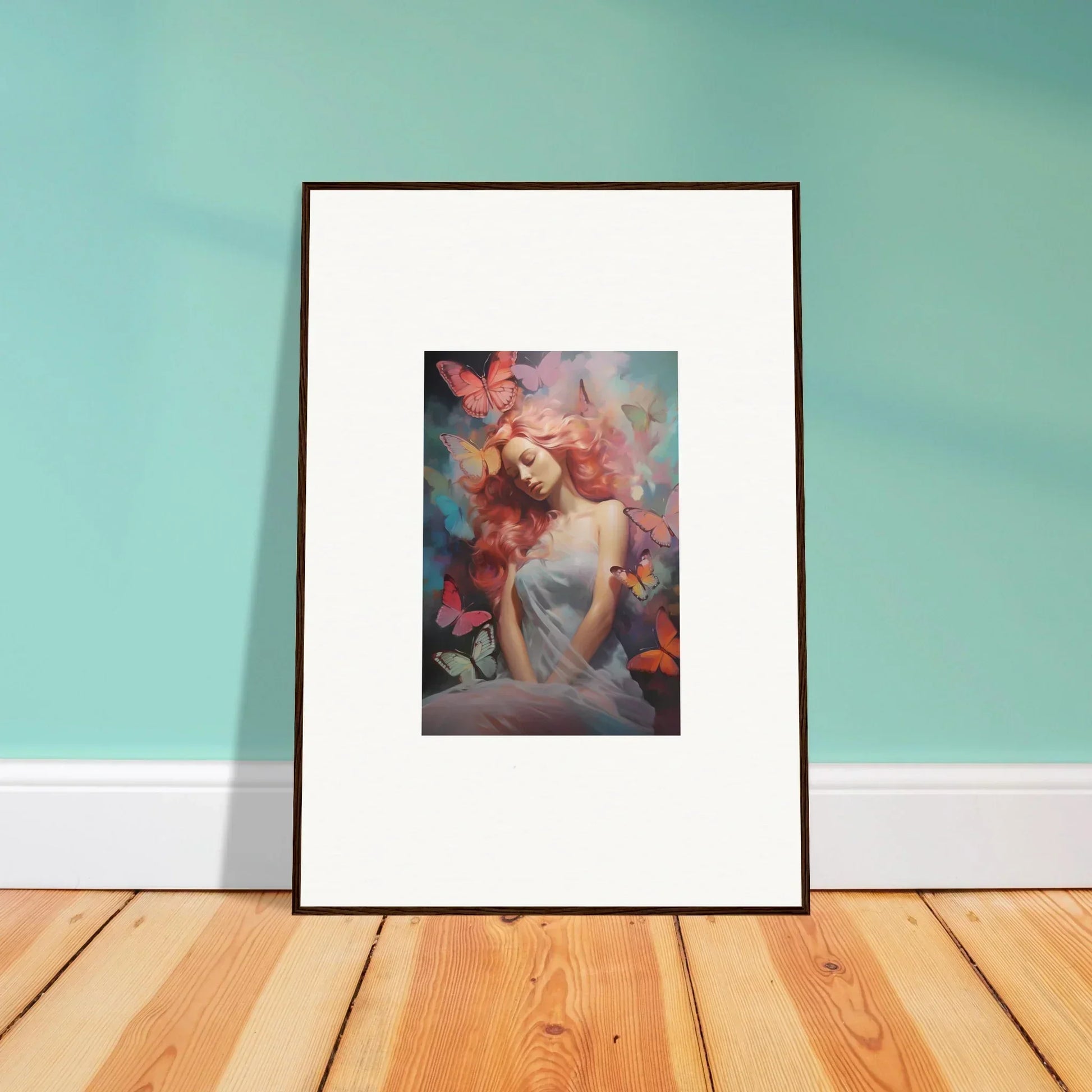 Framed wall art of a woman with flowing red hair in a vibrant dream stream floral scene