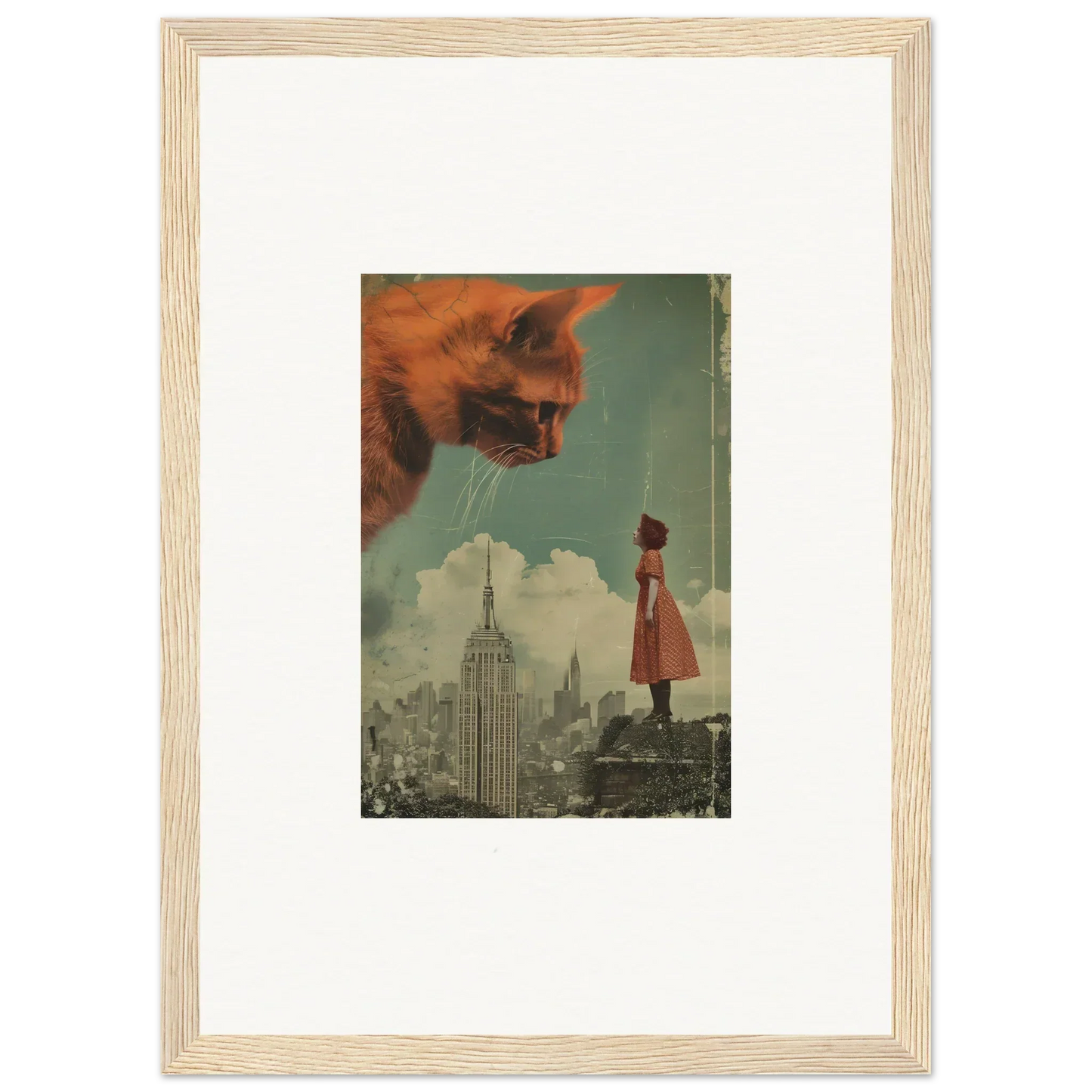 Framed wall art of a giant orange cat head above a city, Mosaic Whispers Echo room decor