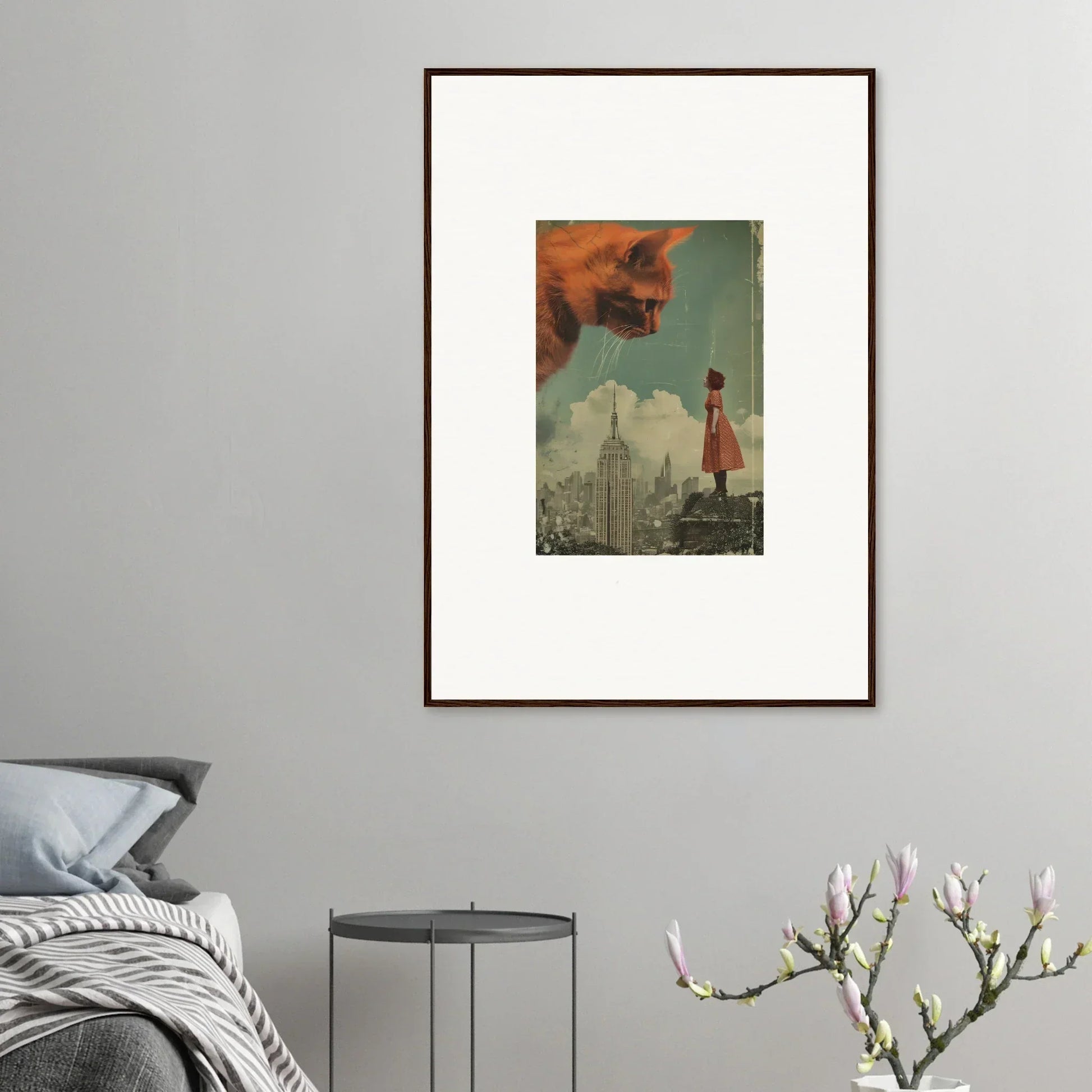 Framed surrealist artwork of a giant cat over a cityscape for unique room decor