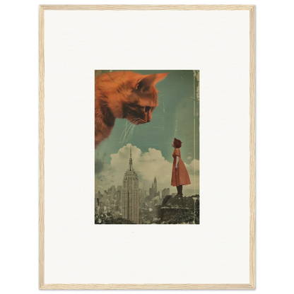 Surreal collage of a giant cat over a cityscape, perfect for room decor and framed wall art