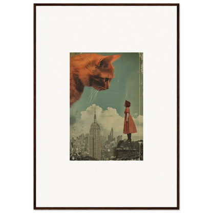 Framed surrealist artwork of a giant cat head and cityscape for unique room decor