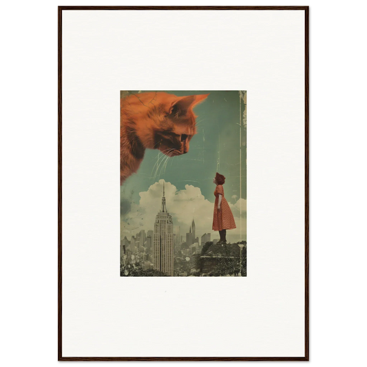 Framed surrealist artwork of a giant cat head and cityscape for unique room decor