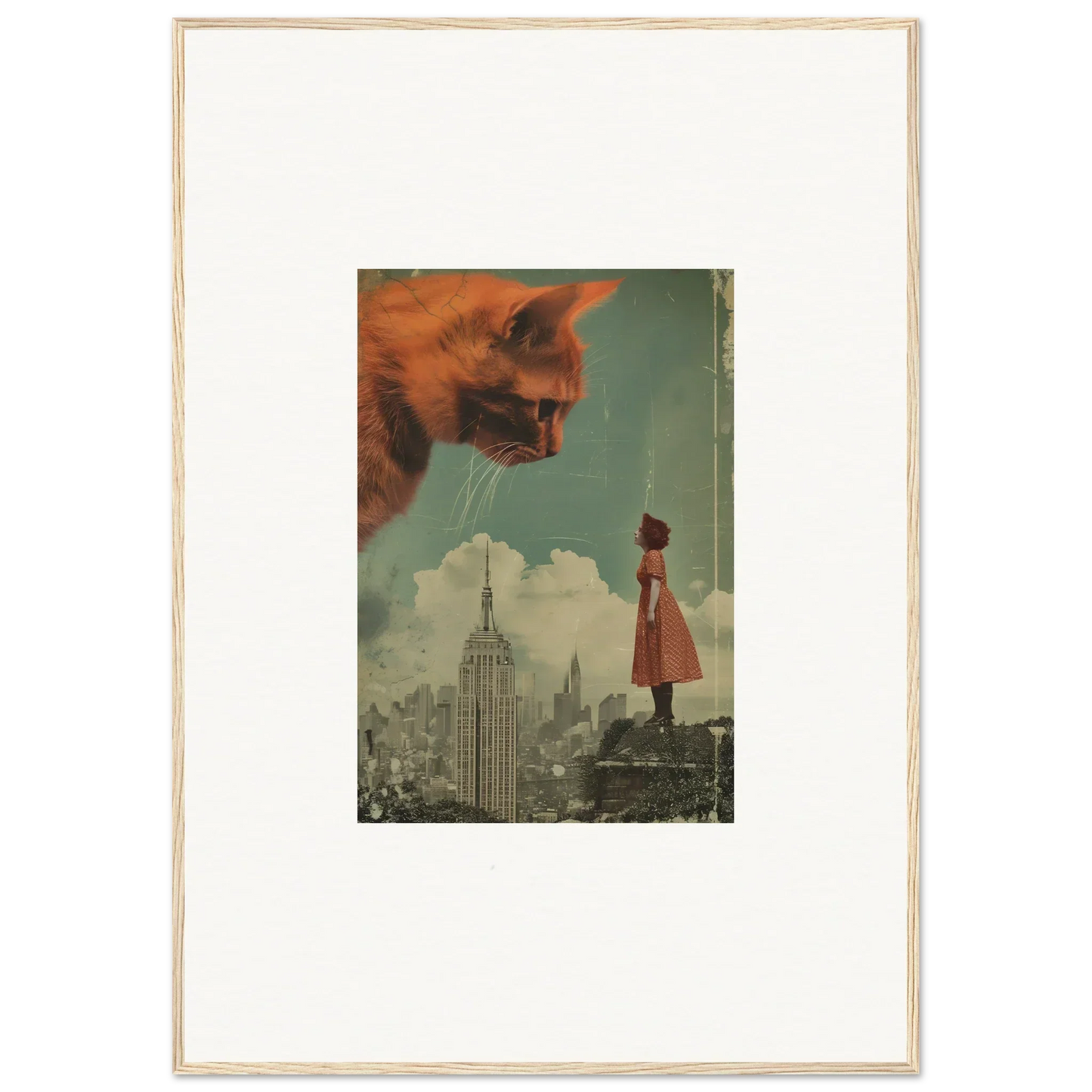 Surreal collage of a giant cat’s head over a cityscape, perfect for room decor whispers echo