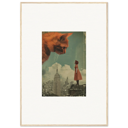 Surreal collage of a giant cat’s head over a cityscape, perfect for room decor whispers echo