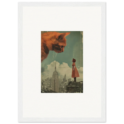 Surreal collage of a giant cat head and a woman in red for Whispers Echo room decor