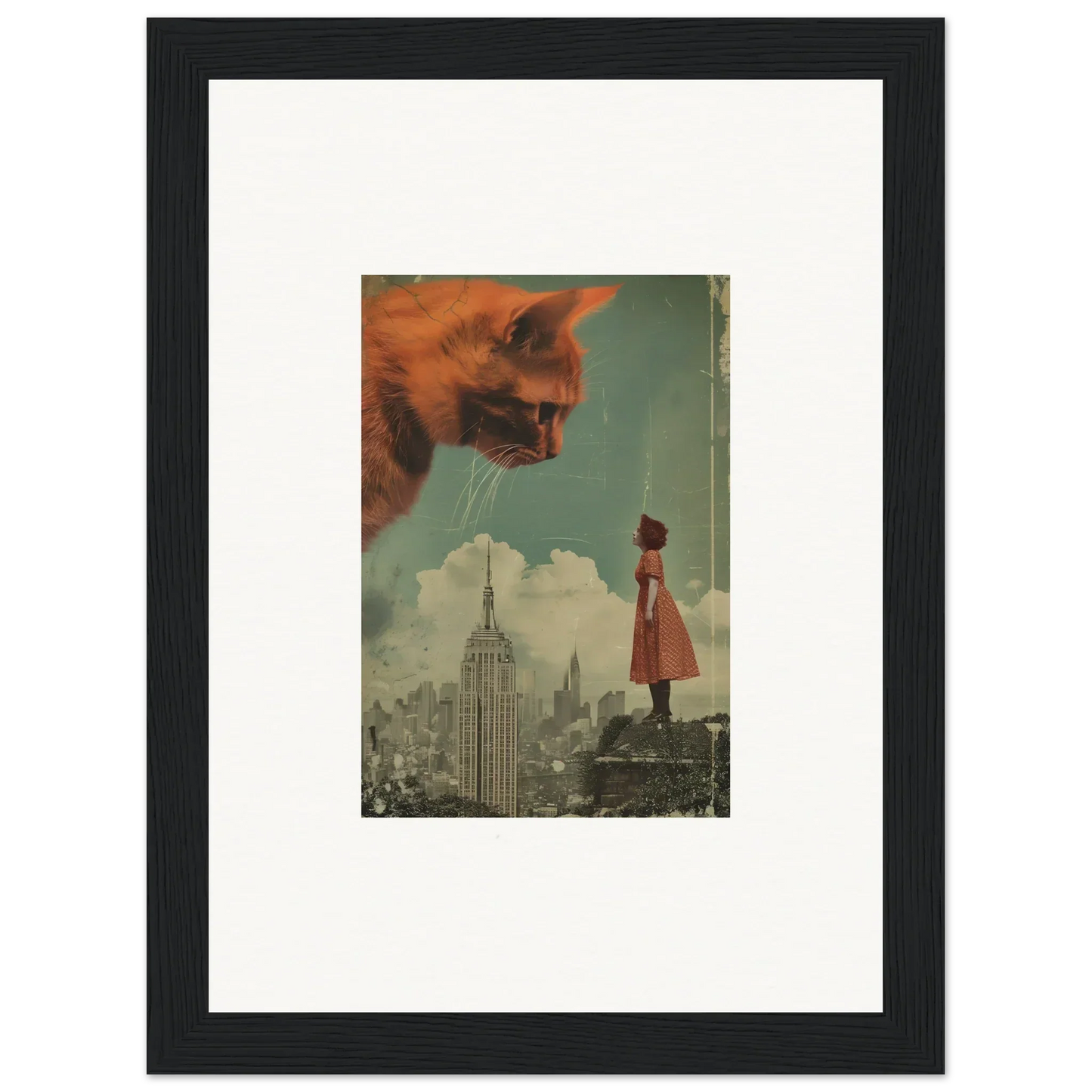 Surreal collage of a giant cat’s head over a cityscape for room decor, Whispers Echo art