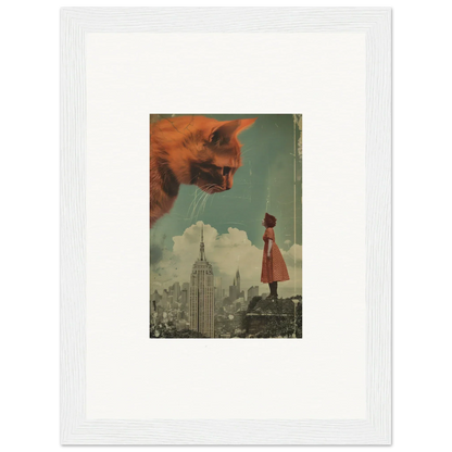 Surreal collage of a giant cat head above cityscape, perfect for room decor and framed wall art