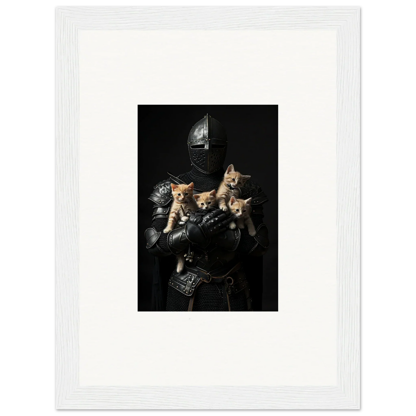 Medieval knight in armor with three kittens, perfect for a whimsical Feline Bashhut decor