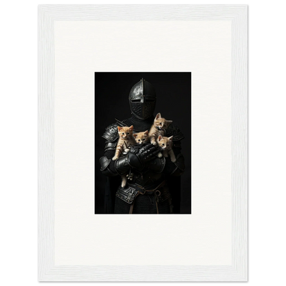 Medieval knight in armor with three kittens, perfect for a whimsical Feline Bashhut decor