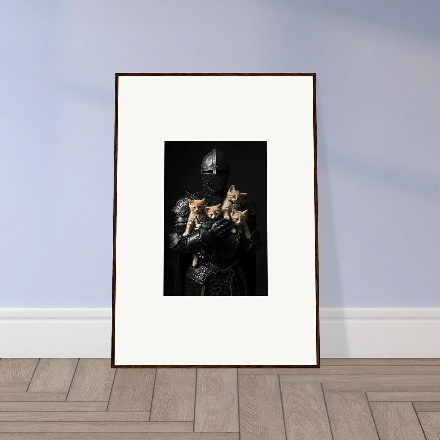 Framed canvas print of a moody feline bashhut portrait with golden accents for room decoration