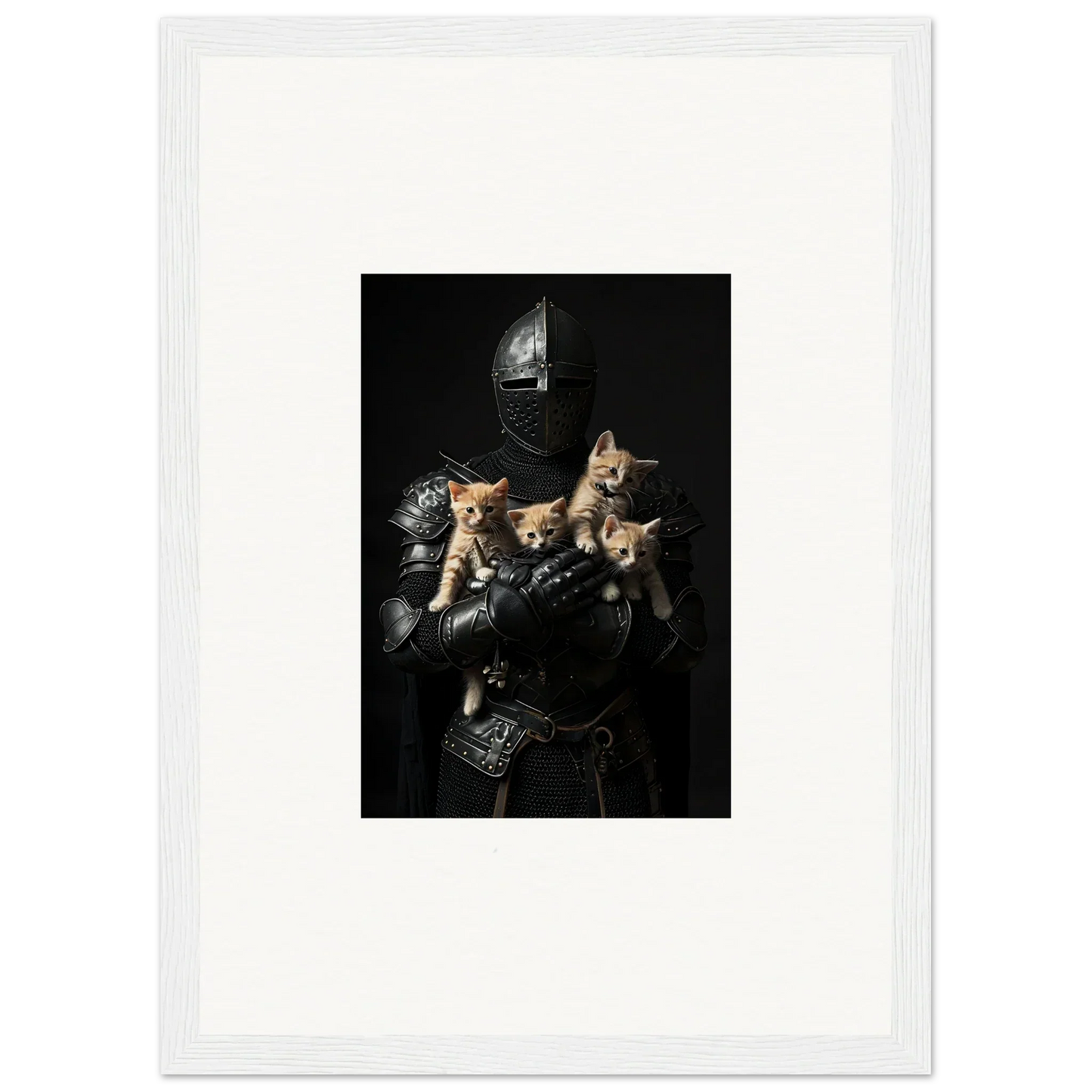 Medieval knight in armor holds three kittens in a cute Feline Bashhut canvas print