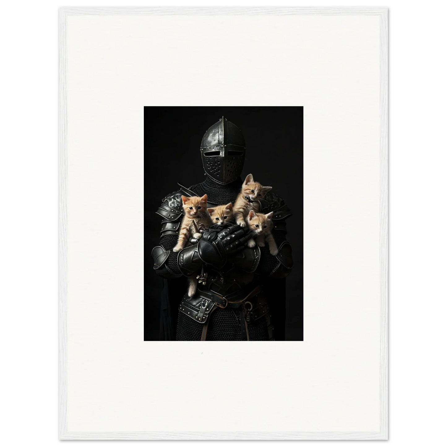 Medieval knight in armor with four kittens, perfect for a Feline Bashhut canvas print