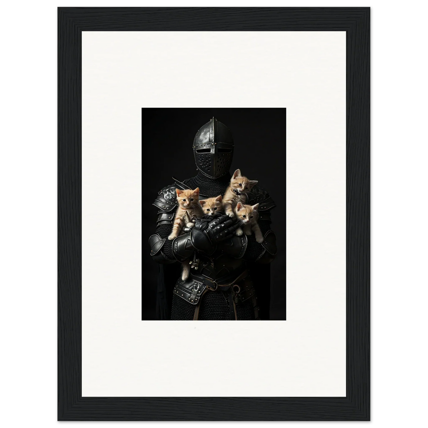 Medieval knight in armor with three kittens, perfect for feline bashhut room decoration