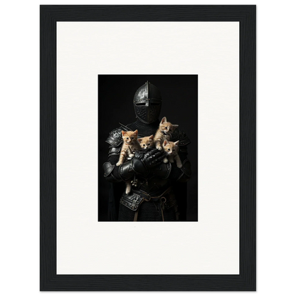 Medieval knight in armor with three kittens, perfect for feline bashhut room decoration