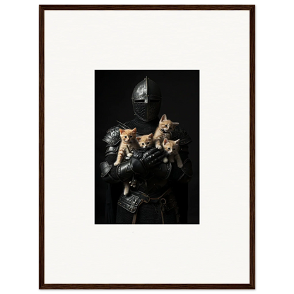 Medieval knight in armor holding kittens, perfect for Feline Bashhut room decoration