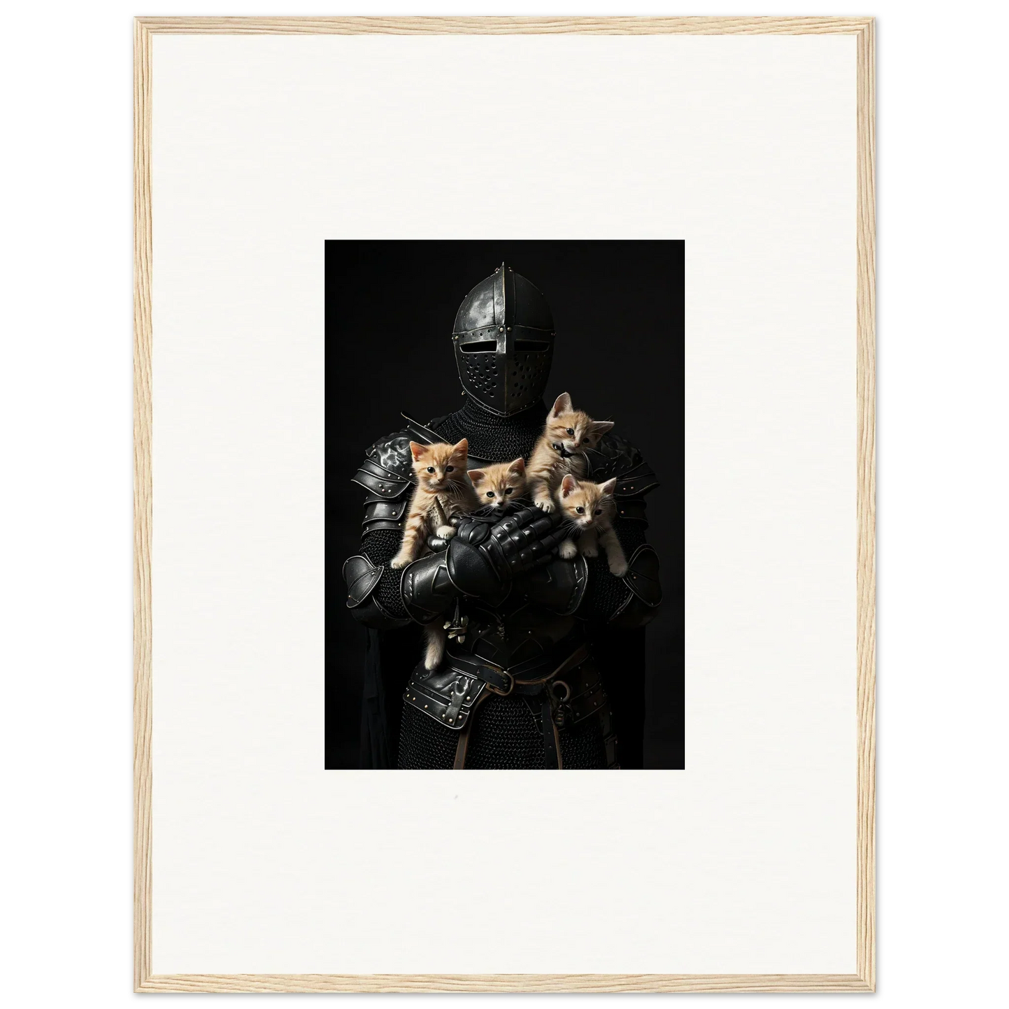 Medieval knight in armor with four kittens, perfect for Feline Bashhut canvas print