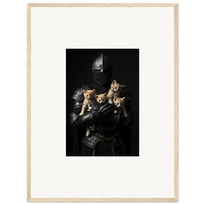 Medieval knight in armor with four kittens, perfect for Feline Bashhut canvas print