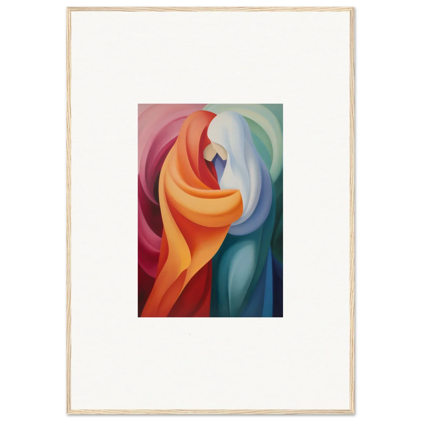 Abstract painting with curved shapes in orange, red, blue for Mystic VesselSpice