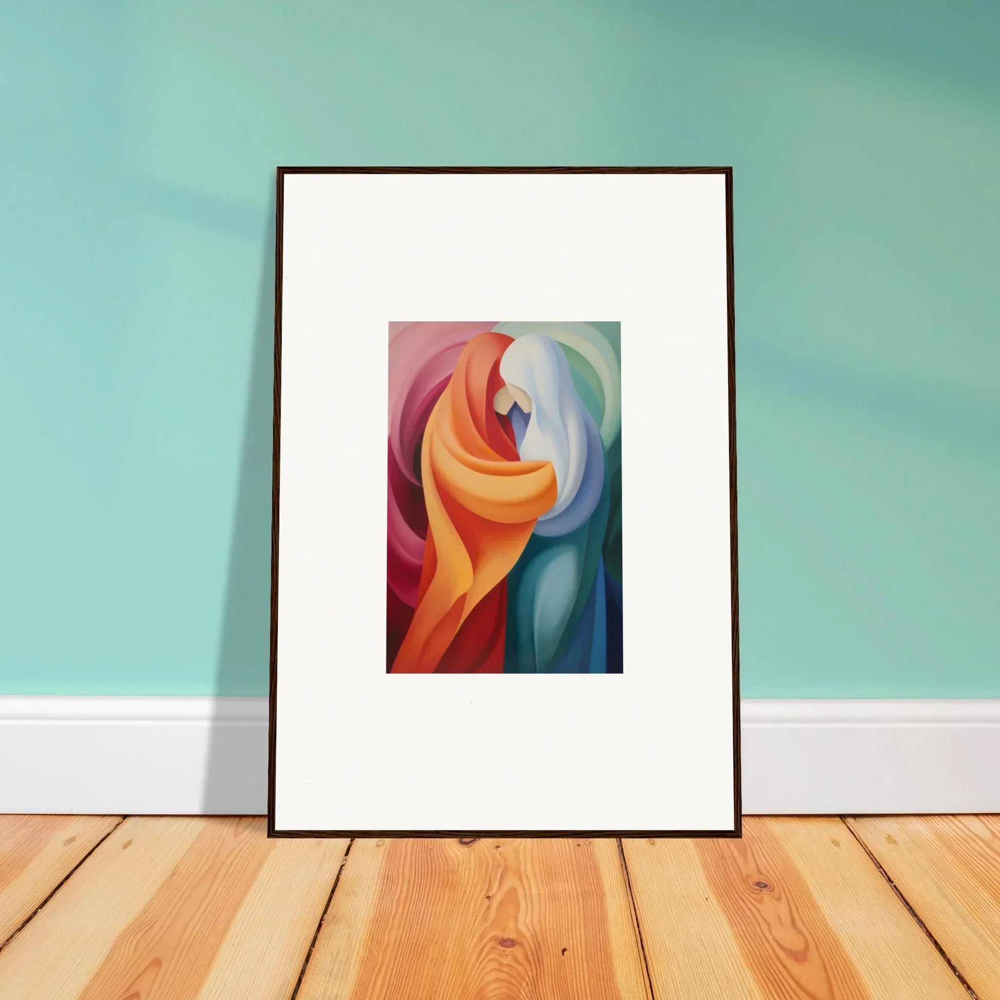 Framed abstract artwork with swirling orange and blue shapes for Mystic VesselSpice