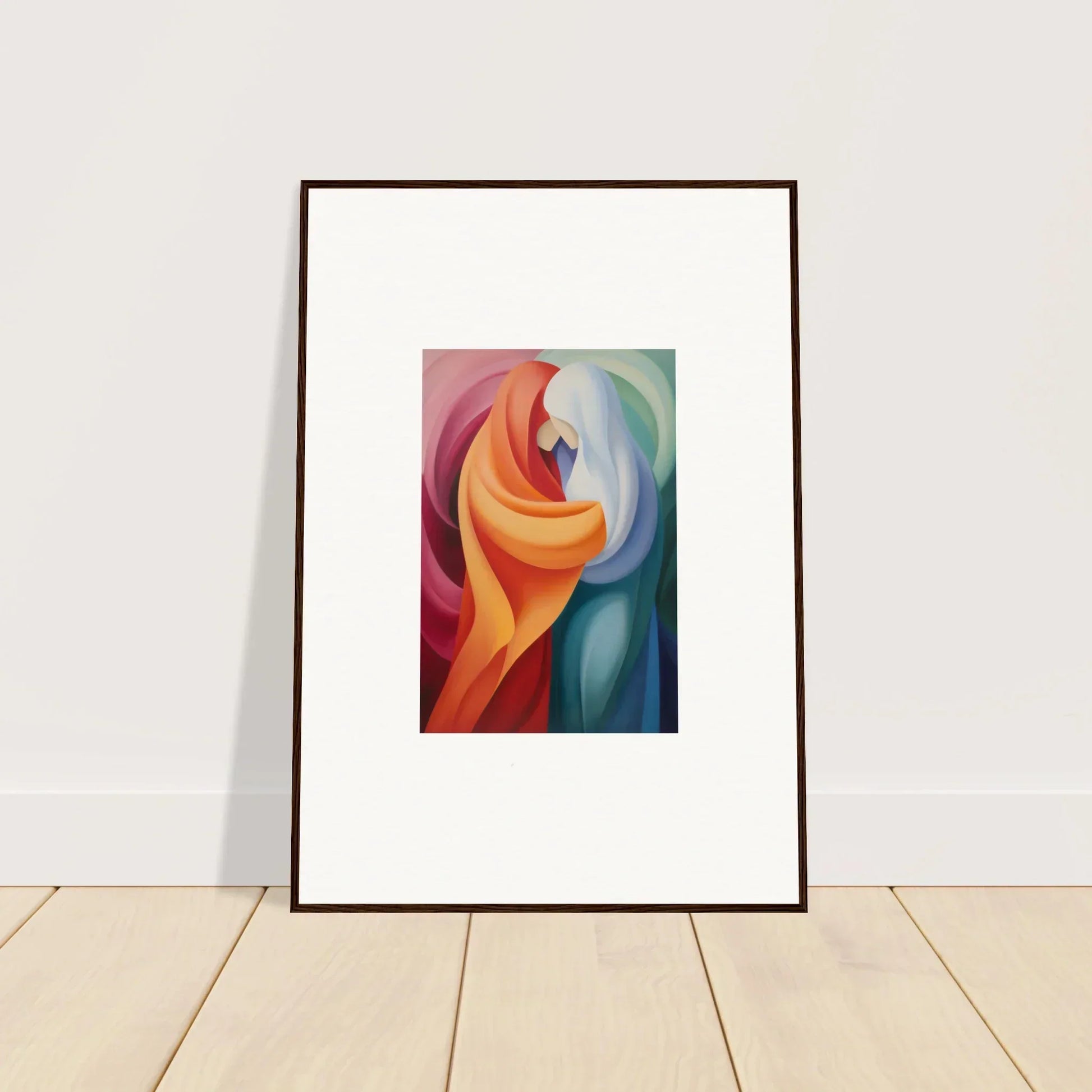 Framed abstract artwork in warm orange and cool blue for Mystic VesselSpice