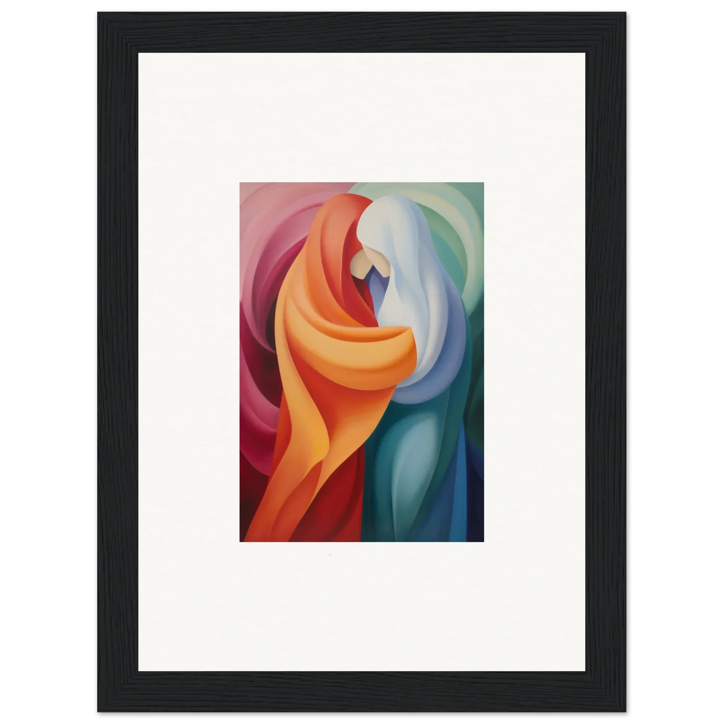 Abstract painting with flowing shapes in orange, red, blue for Mystic VesselSpice